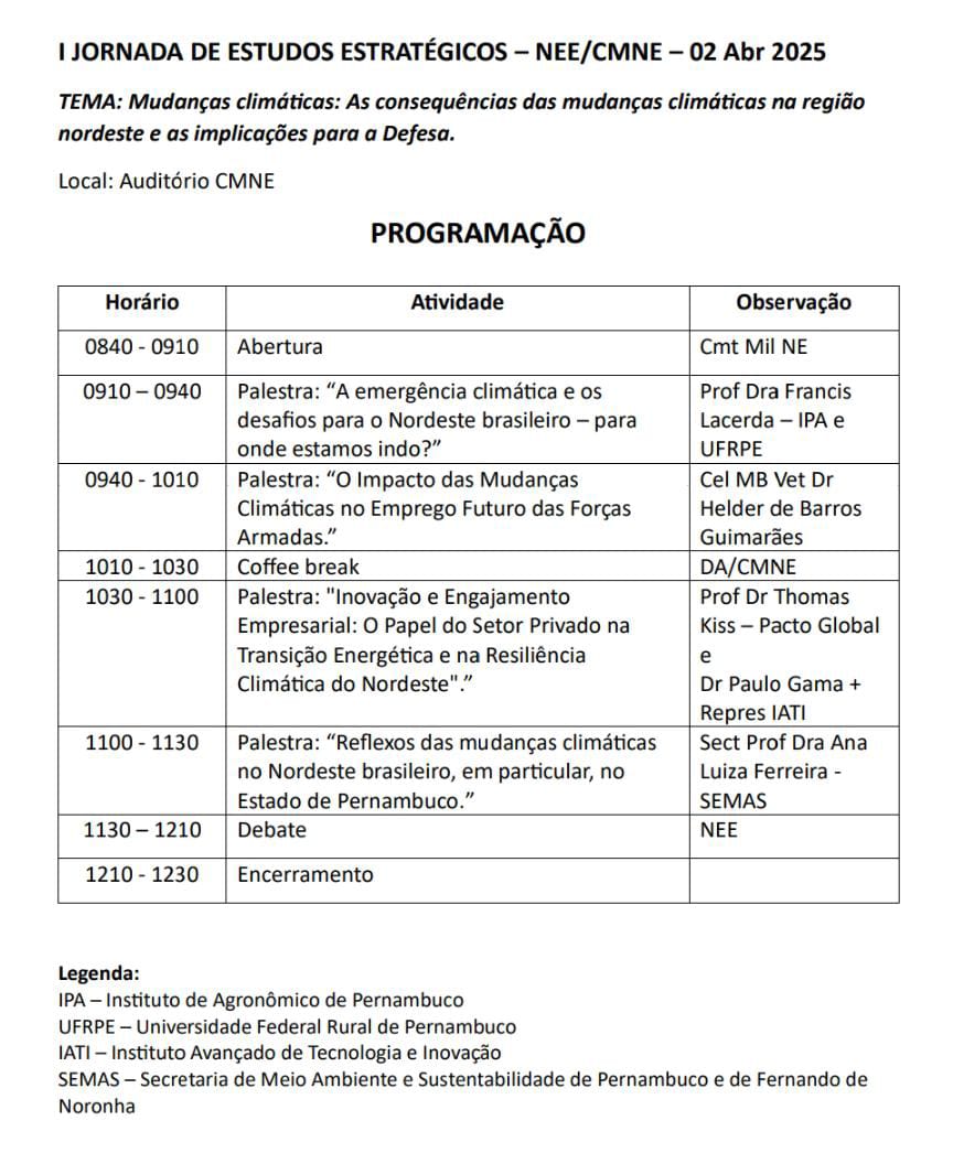Cronograma de palestras da I Jornada de Estudos Estratégicos 