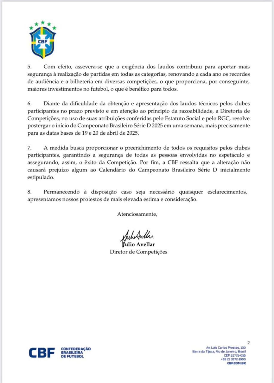 Adiamento do início da Série D 2025