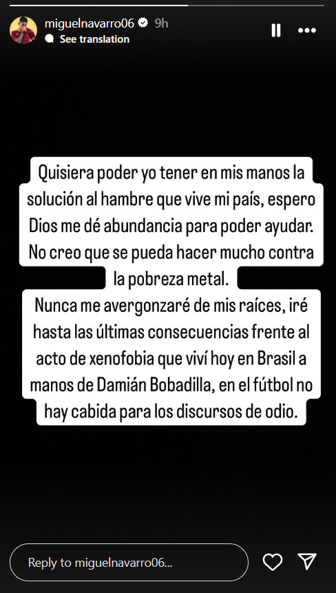 Desabafo do jogador Miguel Navarro contra xenofobia