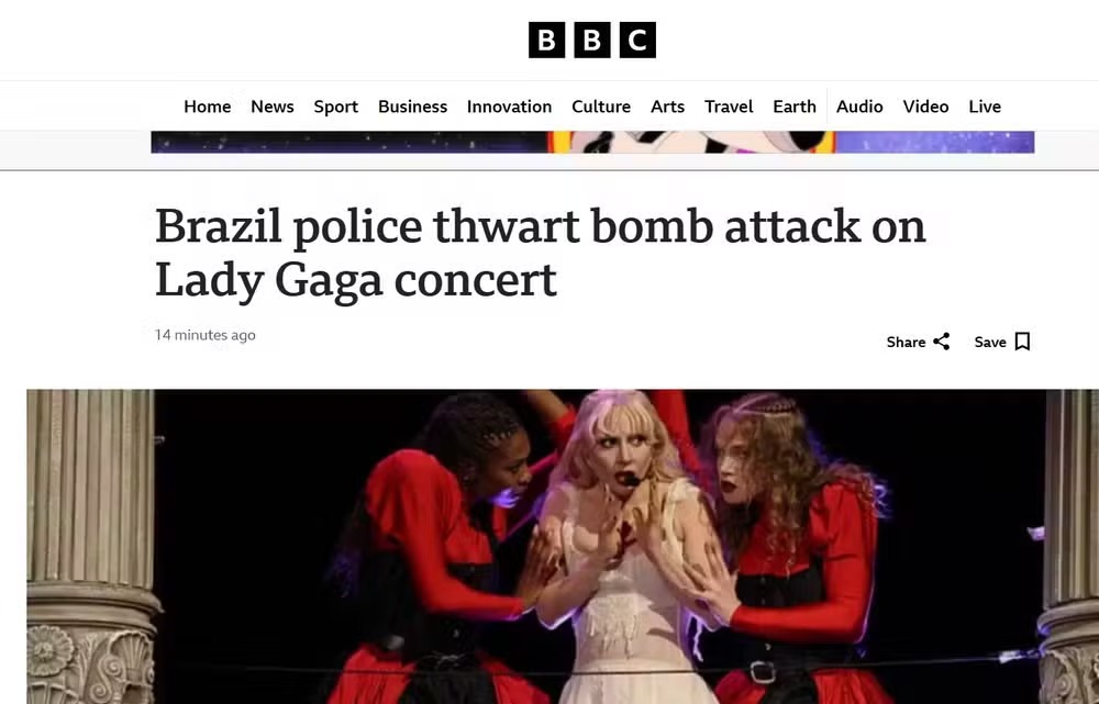 Imprensa internacional repercute ação policial contra ataque a bomba em show de Lady Gaga 
