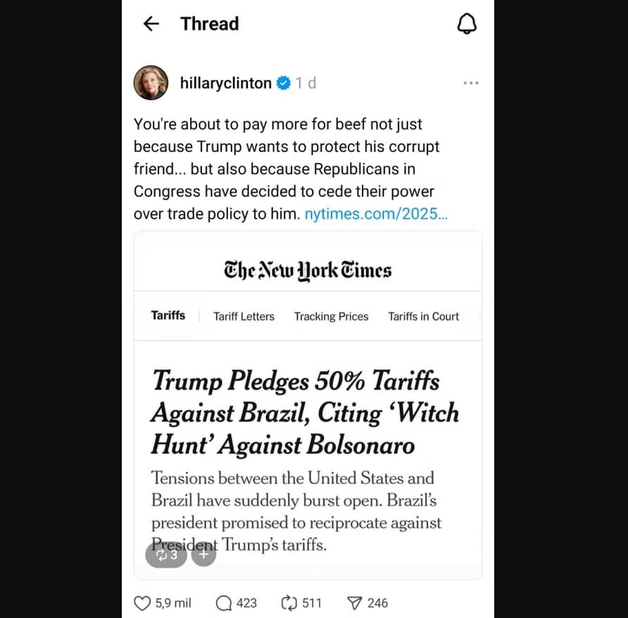 Post de Hillary Clinton no Threads no qual critica a taxação dos produtos brasileiros 
