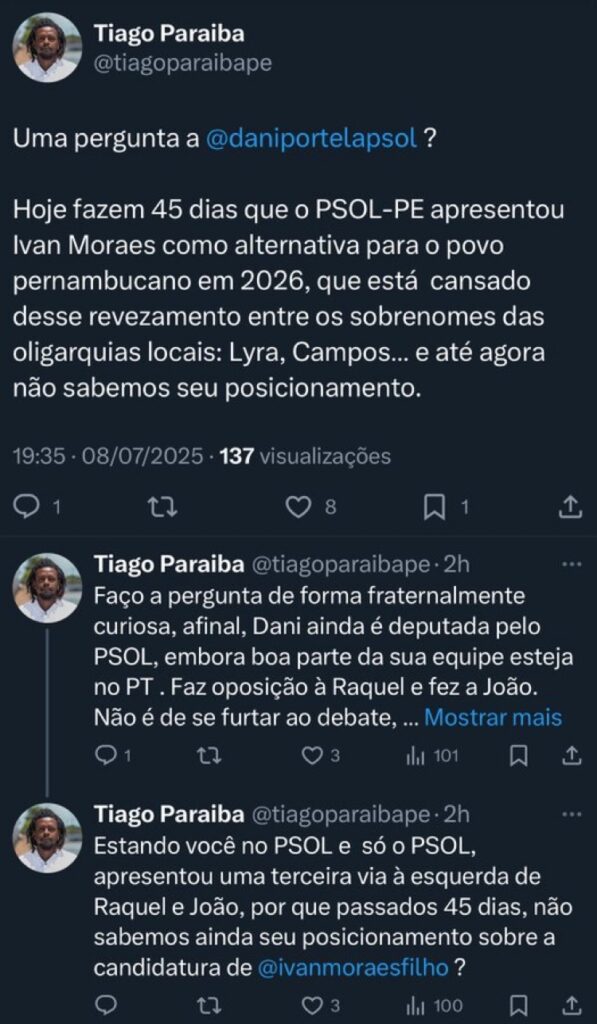 Publicação de Tiago Paraíba no X (antigo twitter)