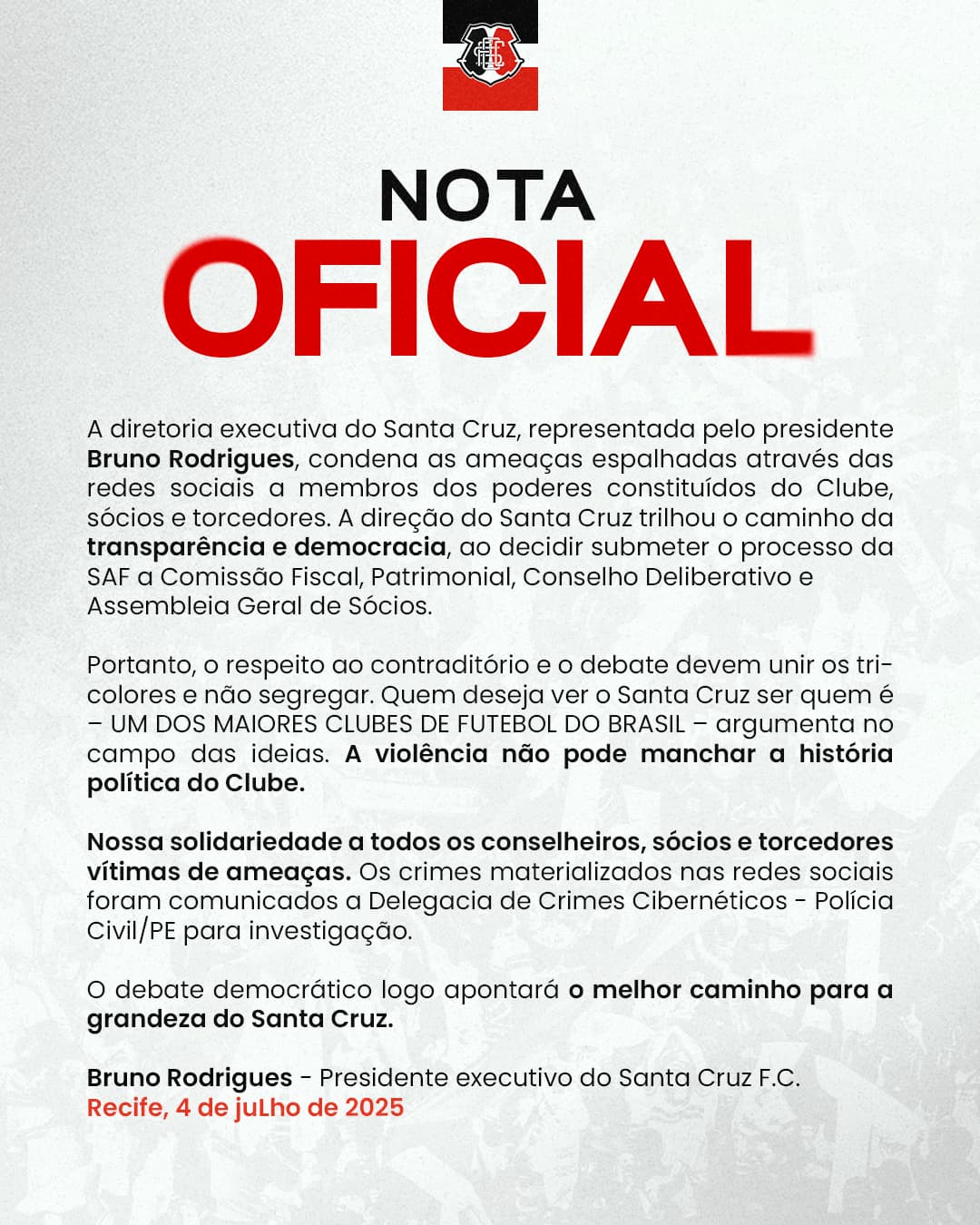 Nota oficial do Santa Cruz 