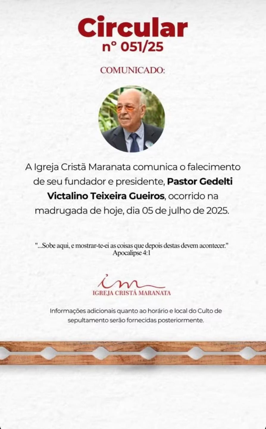Publicação da Igreja Maranata sobre falecimento do pastor Gedelti Gueiros