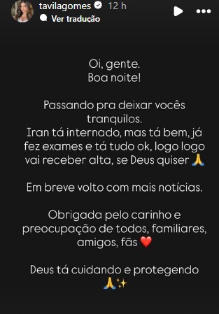 Esposa de Luva de Pedreiro publica stories no instagram sobre a internação do influencer