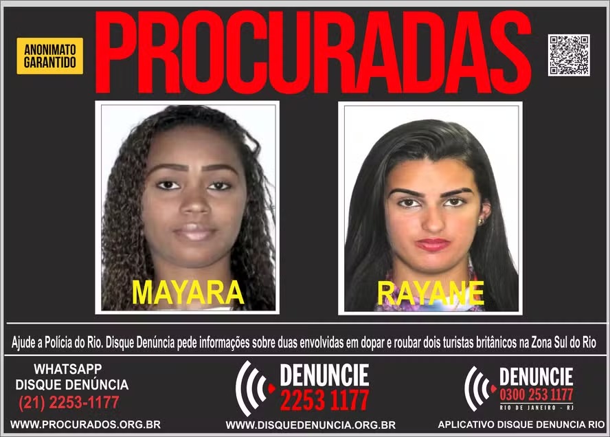 Mayara Ketelyn Américo da Silva e Rayane Campos de Oliveira são suspeitas de aplicarem golpe 'Boa noite, Cinderela' em turistas britânicos, na Zona Sul do Rio 