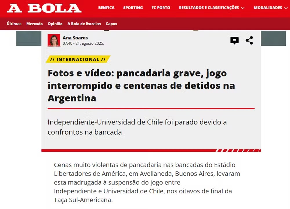 A Bola repercute confusão em Independiente x Universidad de Chile 