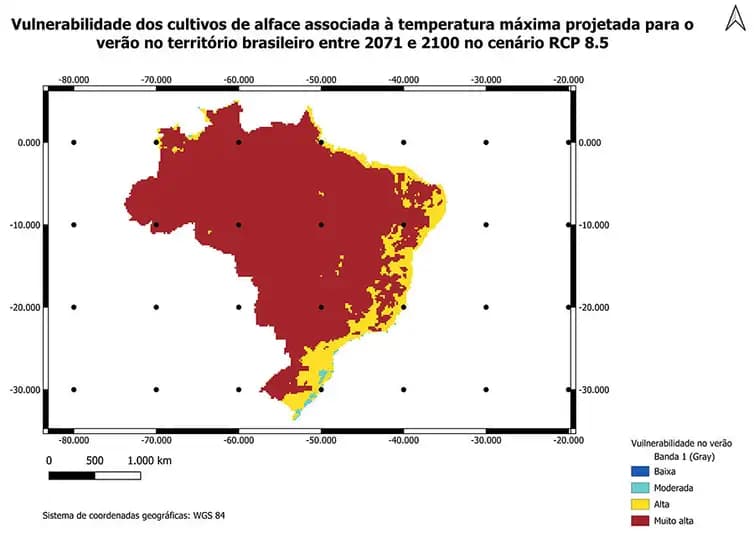 Mapa produzido pela Embrapa mostra risco muito alto para cultivo de alface em cenário pessimista de aquecimento global.