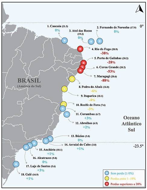 Mapa mostrando os 18 pontos que foram monitorados por pesquisadores durante o quarto evento global de branqueamento em massa de corais, no biênio 2023-2024.
