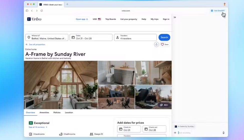 Novo navegador da OpenAI abre uma barra lateral do ChatGPT para interagir com conteúdo da página 