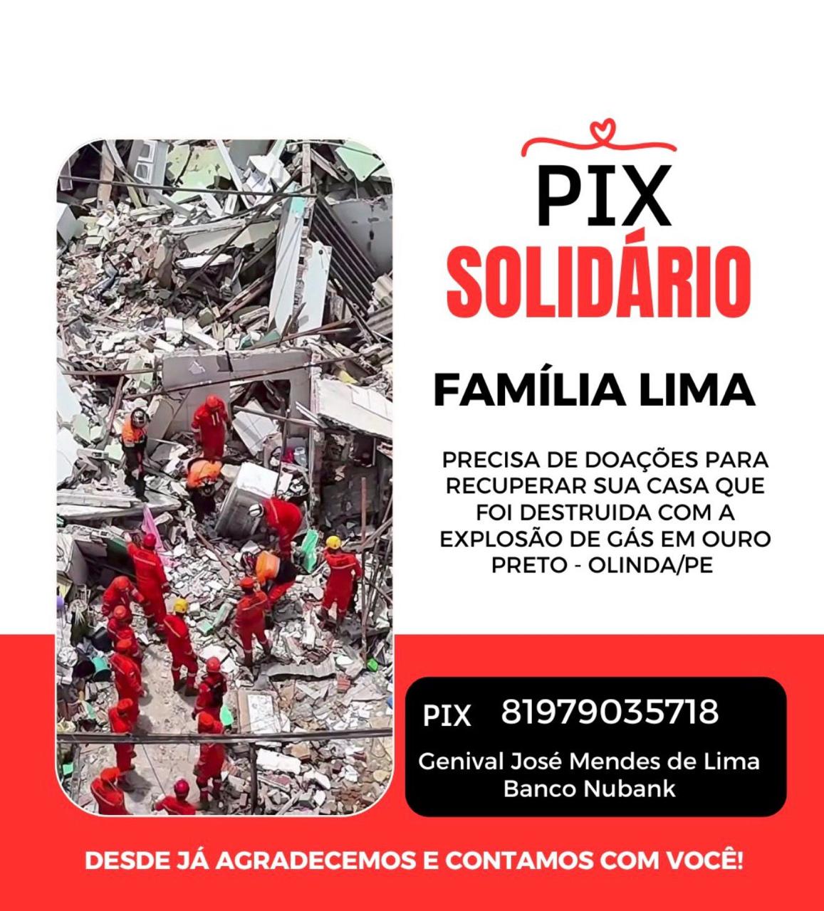 Pix solidário de doações para os moradores do residencial que desabou em Olinda