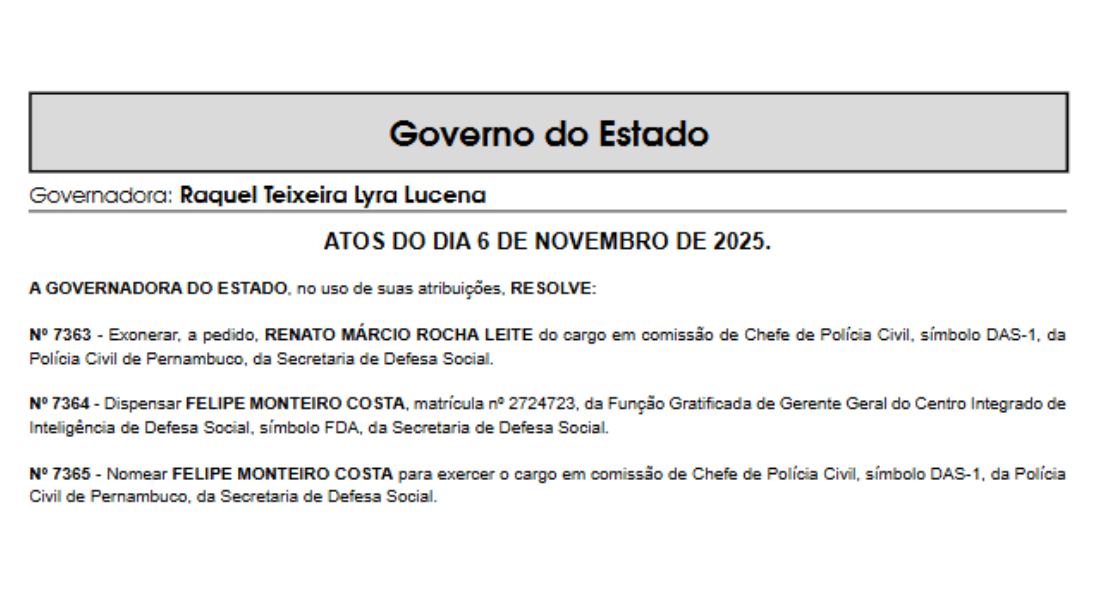 Comunicado oficial da exoneração de Renato Márcio Rocha Leite como delegado-geral da Polícia Civil