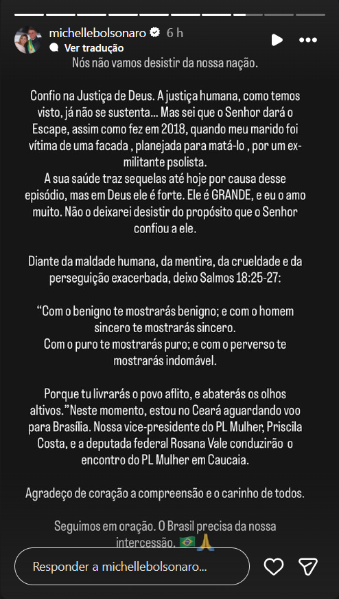 Michelle Bolsonaro quebra o silêncio após prisão preventiva do ex-presidente Jair Bolsonaro